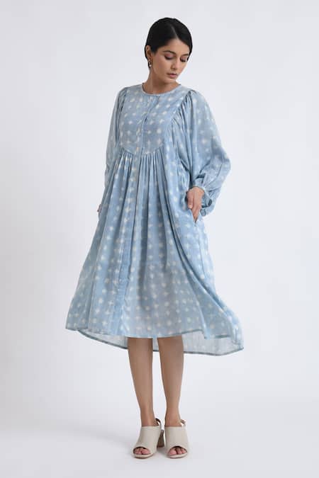 JAYATI GOENKA_Blue Cotton Round Neck Yoke Print Flared Dress _Online_at_Aza_Fashions