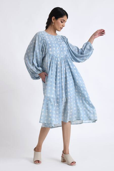 Shop_JAYATI GOENKA_Blue Cotton Round Neck Yoke Print Flared Dress _Online_at_Aza_Fashions