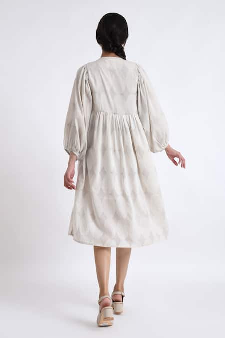 Shop_JAYATI GOENKA_Grey Cotton Round Neck Yoke Geometric Print Flared Dress _at_Aza_Fashions