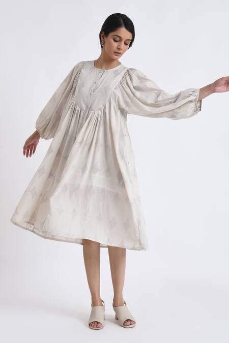 JAYATI GOENKA_Grey Cotton Round Neck Yoke Geometric Print Flared Dress _Online_at_Aza_Fashions