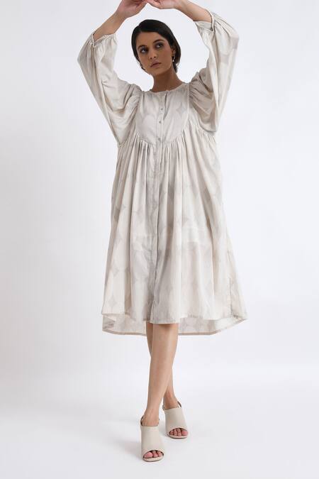 Buy_JAYATI GOENKA_Grey Cotton Round Neck Yoke Geometric Print Flared Dress _Online_at_Aza_Fashions