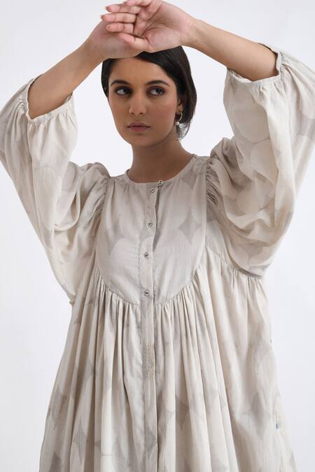 Shop_JAYATI GOENKA_Grey Cotton Round Neck Yoke Geometric Print Flared Dress _Online_at_Aza_Fashions