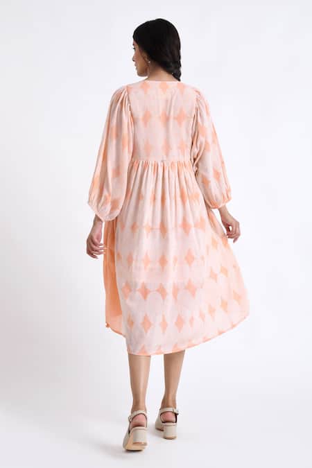Shop JAYATI GOENKA Pink Cotton Round Neck Gathered Yoke Print Dress at Aza Fashions Shop_JAYATI GOENKA_Pink Cotton Round Neck Gathered Yoke Print Dress _at_Aza_Fashions