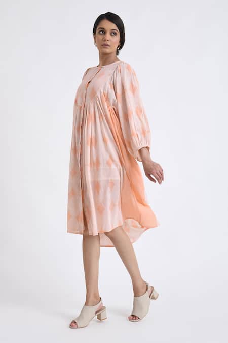 JAYATI GOENKA Pink Cotton Round Neck Gathered Yoke Print Dress Online at Aza Fashions JAYATI GOENKA_Pink Cotton Round Neck Gathered Yoke Print Dress _Online_at_Aza_Fashions