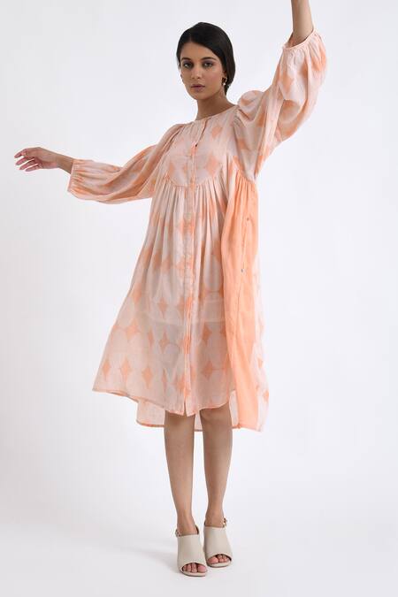 Buy JAYATI GOENKA Pink Cotton Round Neck Gathered Yoke Print Dress Online at Aza Fashions Buy_JAYATI GOENKA_Pink Cotton Round Neck Gathered Yoke Print Dress _Online_at_Aza_Fashions