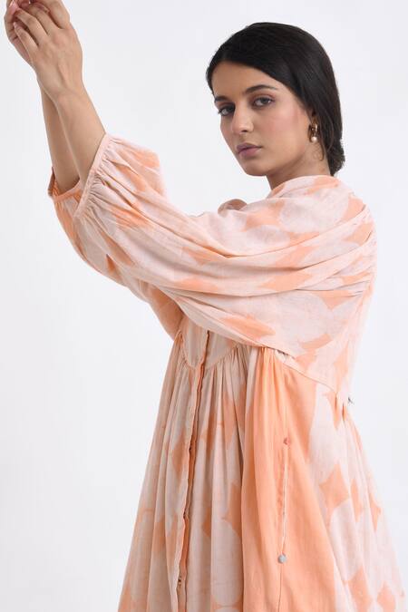 Shop JAYATI GOENKA Pink Cotton Round Neck Gathered Yoke Print Dress Online at Aza Fashions Shop_JAYATI GOENKA_Pink Cotton Round Neck Gathered Yoke Print Dress _Online_at_Aza_Fashions