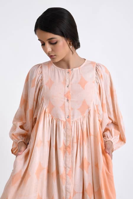 JAYATI GOENKA Pink Cotton Round Neck Gathered Yoke Print Dress at Aza Fashions JAYATI GOENKA_Pink Cotton Round Neck Gathered Yoke Print Dress _at_Aza_Fashions