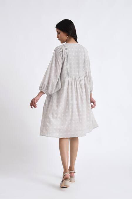 JAYATI GOENKA_Grey Cotton Embroidery V-neck Block Print Flared Dress _Online_at_Aza_Fashions