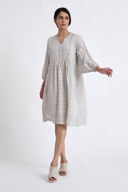 Buy_JAYATI GOENKA_Grey Cotton Embroidery V-neck Block Print Flared Dress _Online_at_Aza_Fashions