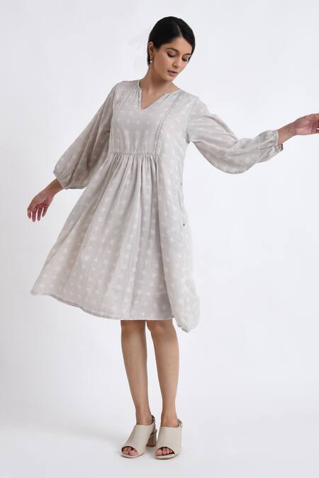 Shop_JAYATI GOENKA_Grey Cotton Embroidery V-neck Block Print Flared Dress _Online_at_Aza_Fashions