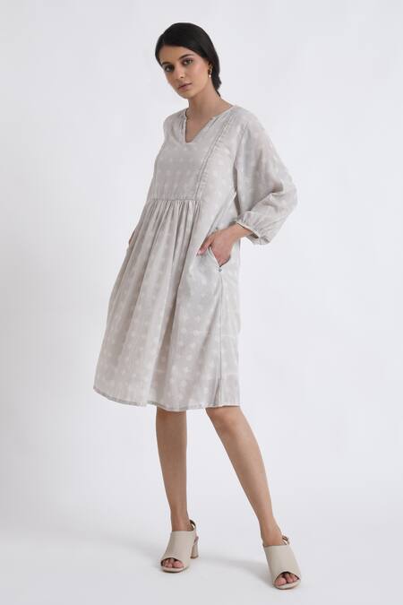 JAYATI GOENKA_Grey Cotton Embroidery V-neck Block Print Flared Dress _at_Aza_Fashions