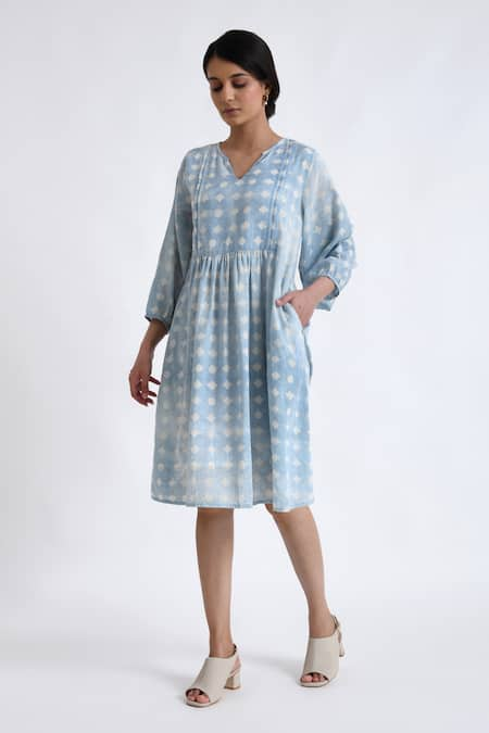 Jayati Goenka Blue Cotton Print Block Notched Gathered Yoke Dress 