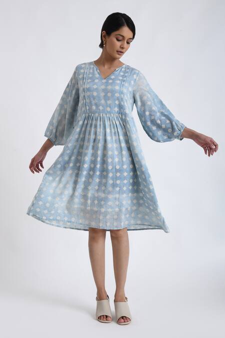 JAYATI GOENKA_Blue Cotton V-neck Block Print Gathered Yoke Dress _Online_at_Aza_Fashions