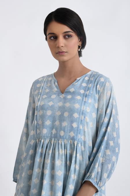 Shop_JAYATI GOENKA_Blue Cotton V-neck Block Print Gathered Yoke Dress _Online_at_Aza_Fashions