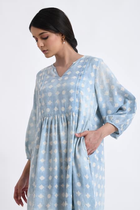 JAYATI GOENKA_Blue Cotton V-neck Block Print Gathered Yoke Dress _at_Aza_Fashions