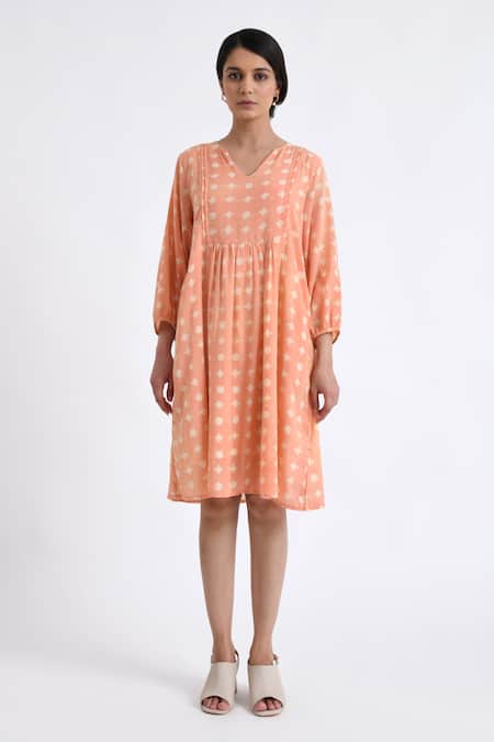 JAYATI GOENKA_Pink Cotton V-neck Block Print Balloon Sleeve Flared Dress _Online_at_Aza_Fashions