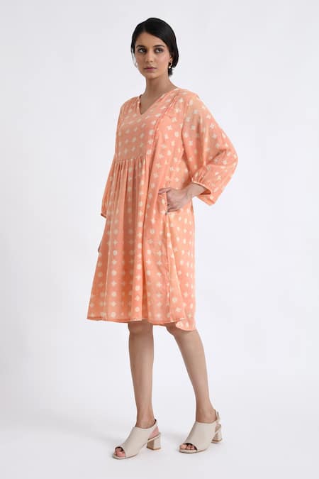 Buy_JAYATI GOENKA_Pink Cotton V-neck Block Print Balloon Sleeve Flared Dress _Online_at_Aza_Fashions