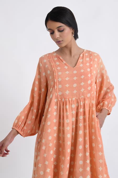 JAYATI GOENKA_Pink Cotton V-neck Block Print Balloon Sleeve Flared Dress _at_Aza_Fashions