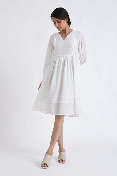 JAYATI GOENKA_White Cotton V-neck Gathered Yoke Flared Dress _Online_at_Aza_Fashions