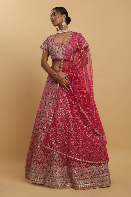 Aham-Vayam Pink Net Embroidered Zari Sweetheart Gulzaar Floral Lehenga Set