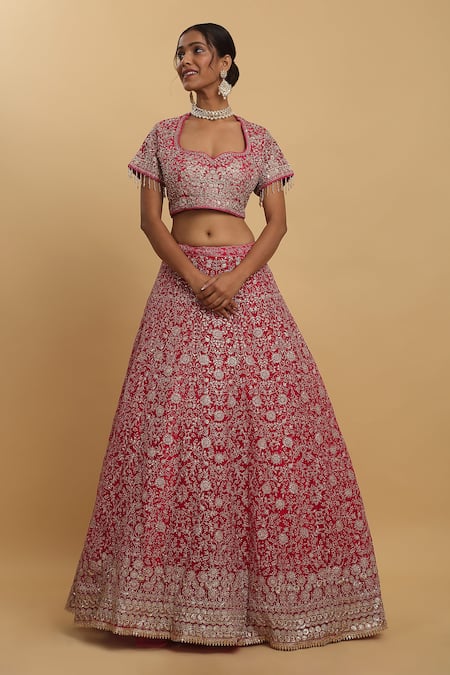 Aham-Vayam Pink Cotton, Organza, Net, Georgette Gulzaar Embroidered Floral Lehenga Set Online at Aza Fashions Aham-Vayam_Pink Cotton, Organza, Net, Georgette Gulzaar Embroidered Floral Lehenga Set _Online_at_Aza_Fashions