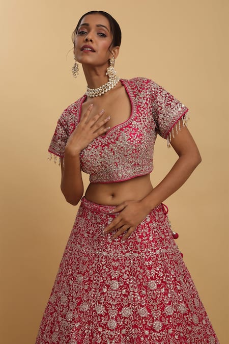 Shop Aham-Vayam Pink Cotton, Organza, Net, Georgette Gulzaar Embroidered Floral Lehenga Set Online at Aza Fashions Shop_Aham-Vayam_Pink Cotton, Organza, Net, Georgette Gulzaar Embroidered Floral Lehenga Set _Online_at_Aza_Fashions