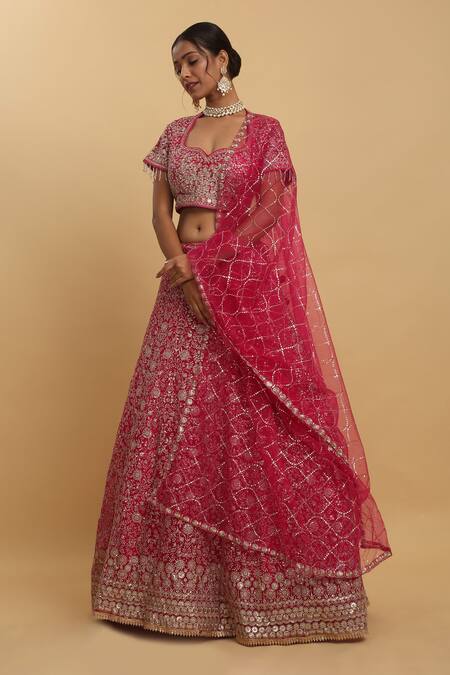 Aham-Vayam Pink Cotton, Organza, Net, Georgette Gulzaar Embroidered Floral Lehenga Set at Aza Fashions Aham-Vayam_Pink Cotton, Organza, Net, Georgette Gulzaar Embroidered Floral Lehenga Set _at_Aza_Fashions