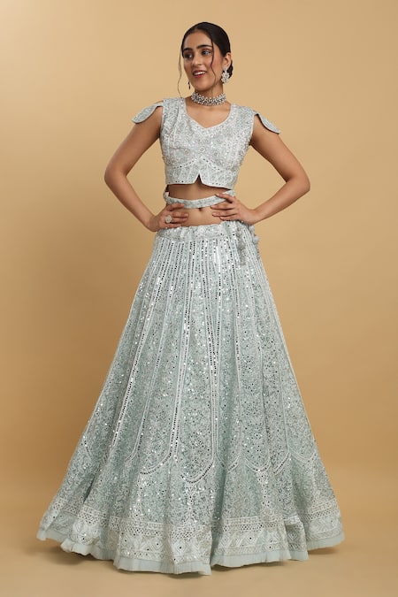 Buy_Aham-Vayam_Green Cotton, Organza, Satin Sneh Sparsh Embellished Panelled Lehenga Set _Online_at_Aza_Fashions