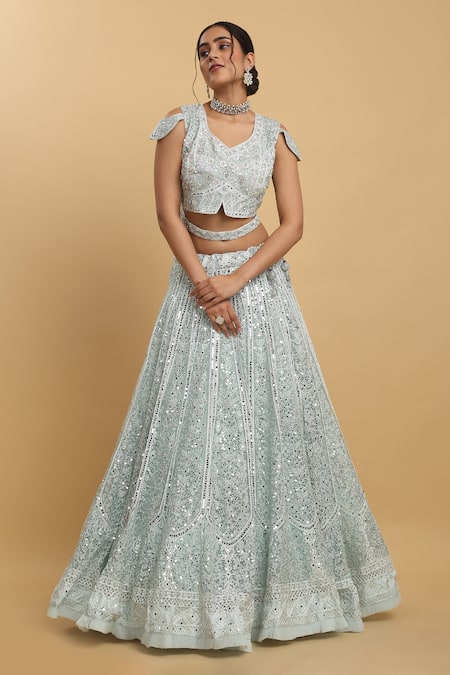 Shop_Aham-Vayam_Green Cotton, Organza, Satin Sneh Sparsh Embellished Panelled Lehenga Set _Online_at_Aza_Fashions