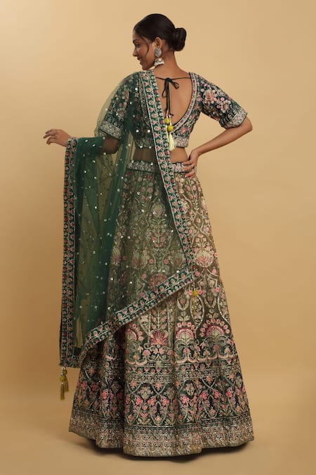 Aham-Vayam Mayur Floral Thread Embroidered Lehenga Set 