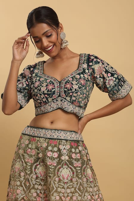 Buy_Aham-Vayam_Green Cotton, Organza, Satin Sequins, Mayur Floral Thread Lehenga Set _Online_at_Aza_Fashions