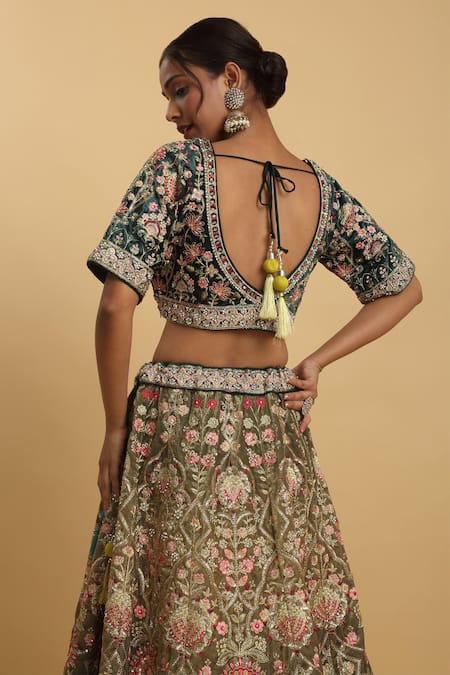 Buy_Aham-Vayam_Green Cotton, Organza, Satin Sequins, Mayur Floral Thread Lehenga Set 