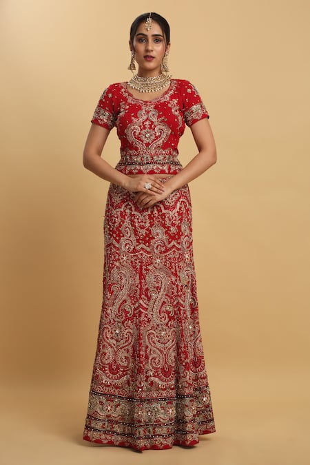 Aham-Vayam_Red Cotton, Organza, Net, Georgette, Matsya Embellished Bridal Lehenga Set _Online_at_Aza_Fashions