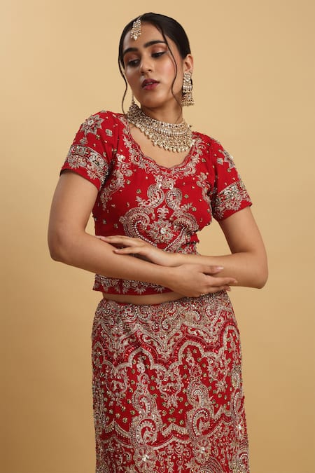Buy_Aham-Vayam_Red Cotton, Organza, Net, Georgette, Matsya Embellished Bridal Lehenga Set _Online_at_Aza_Fashions