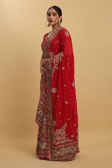 Shop_Aham-Vayam_Red Cotton, Organza, Net, Georgette, Matsya Embellished Bridal Lehenga Set _Online_at_Aza_Fashions
