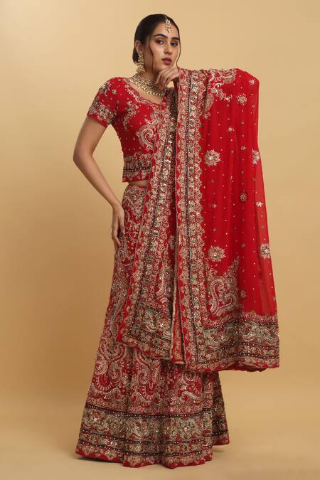 Aham-Vayam_Red Cotton, Organza, Net, Georgette, Matsya Embellished Bridal Lehenga Set _at_Aza_Fashions