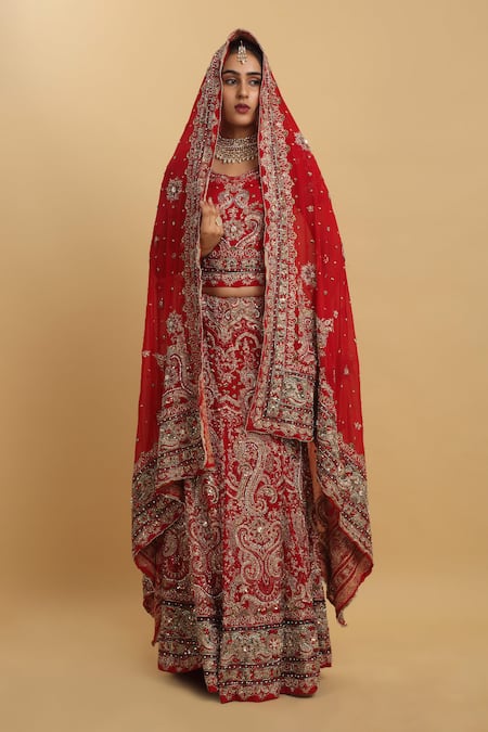 Buy_Aham-Vayam_Red Cotton, Organza, Net, Georgette, Matsya Embellished Bridal Lehenga Set 