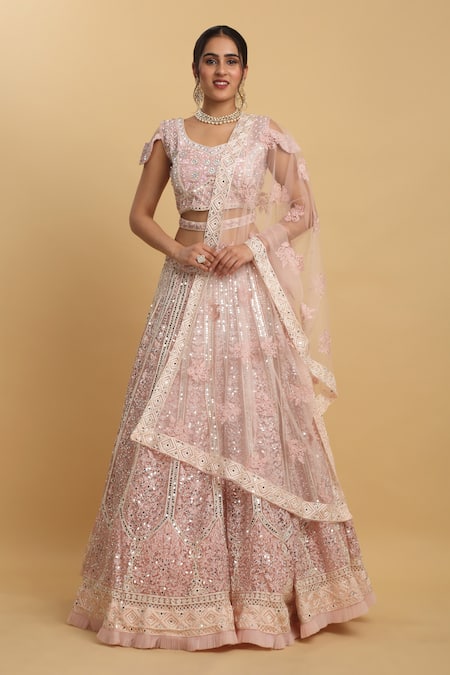 Aham-Vayam Pink Net Embroidered Thread V-neck Kalpana Floral Mirror Embellished Lehenga Set