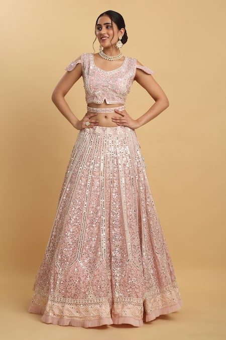 Buy_Aham-Vayam_Pink Cotton, Georgette, Satin, Organza, Kalpana Floral Embellished Lehenga Set _Online_at_Aza_Fashions