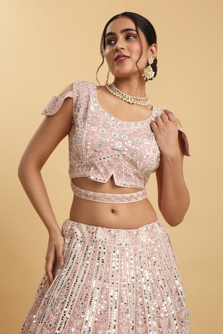 Shop_Aham-Vayam_Pink Cotton, Georgette, Satin, Organza, Kalpana Floral Embellished Lehenga Set _Online_at_Aza_Fashions