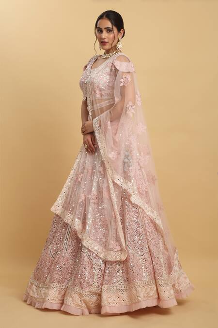 Aham-Vayam_Pink Cotton, Georgette, Satin, Organza, Kalpana Floral Embellished Lehenga Set _at_Aza_Fashions