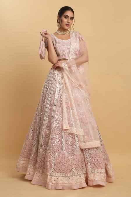 Buy_Aham-Vayam_Pink Cotton, Georgette, Satin, Organza, Kalpana Floral Embellished Lehenga Set 