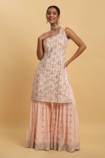 Aham-Vayam_Pink Georgette, Silk Sequins Round Floral Zardozi Embroidered Kurta Sharara Set_Online_at_Aza_Fashions
