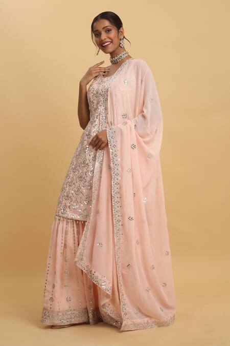 Shop_Aham-Vayam_Pink Georgette, Silk Sequins Round Floral Zardozi Embroidered Kurta Sharara Set_Online_at_Aza_Fashions