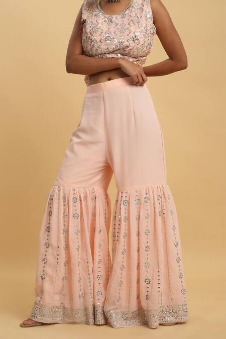 Buy_Aham-Vayam_Pink Georgette, Silk Sequins Round Floral Zardozi Embroidered Kurta Sharara Set