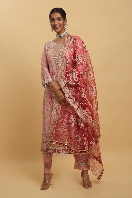 Aham-Vayam Pink Georgette Embroidered Thread Round Floral Kurta Pant Set