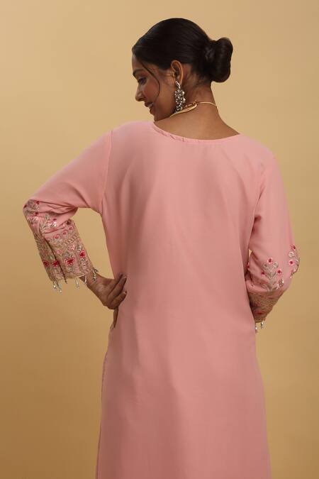 Aham-Vayam_Pink Georgette, Silk Sequins, Crystals, Floral Thread Kurta Pant Set _Online_at_Aza_Fashions
