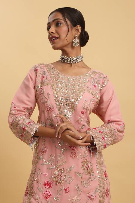 Aham-Vayam_Pink Georgette, Silk Sequins, Crystals, Floral Thread Kurta Pant Set _at_Aza_Fashions