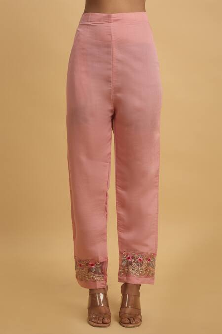 Buy_Aham-Vayam_Pink Georgette, Silk Sequins, Crystals, Floral Thread Kurta Pant Set 