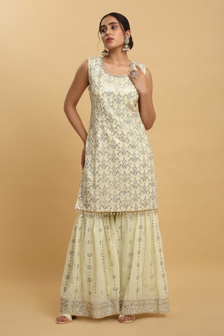 Aham-Vayam_Yellow Georgette, Silk Sequins, Zardozi Embroidered Pastel Kurta Sharara Set _Online_at_Aza_Fashions